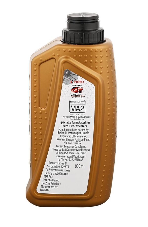 Hero Genuine 4T Plus 10W-30 Synthetic Engine Oil for bikes | API SL and JASO MA2 Certified | Advanced fuel saving technology| Specially formulated for Hero motorcycles|(900 ml) - Image 2